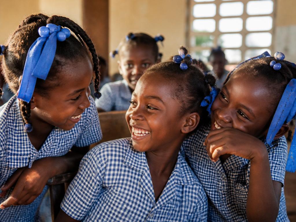 Joyful Haitian schoolgirls laughing together in a classroom